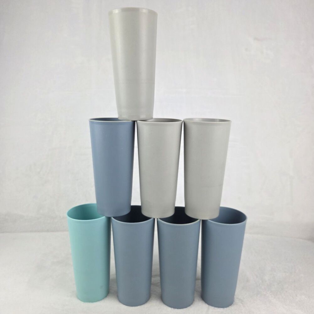 Vintage Tupperware 16 Oz Tumblers Lot Of 8 Pastel Blue Gray Stackable 6.5" Tall